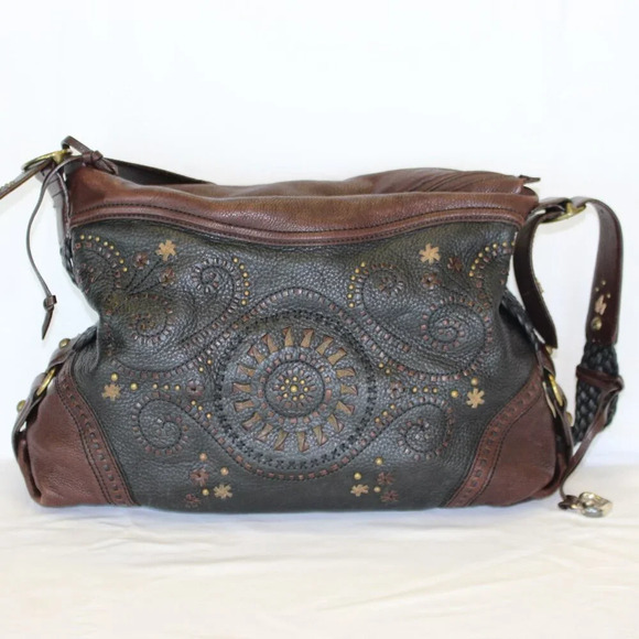 Brighton Montana Black & Brown Pebbled Leather Studded Large Purse Boho Handbag - Picture 1 of 16